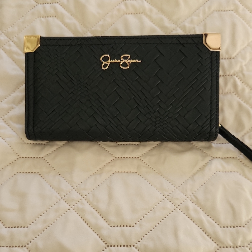 Jessica Simpson Black Textured Wallet with Gold Accents